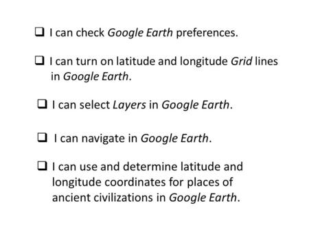  I can select Layers in Google Earth.  I can check Google Earth preferences.  I can turn on latitude and longitude Grid lines in Google Earth.  I can.