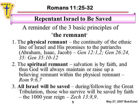 A reminder of the 3 basic principles of ‘the remnant ’ 1. The physical remnant – the continuity of the ethnic line of Israel and His promises to the patriarchs.