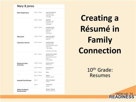 Creating a Résumé in Family Connection 10 th Grade: Resumes.