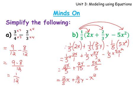 Unit 3: Modeling using Equations Minds On. Unit 3: Modeling using Equations Solving Polynomial Equations (2) Learning Goal I can solve equations.