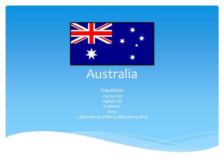 Australia Population 23,233,239 Capital city Canberra Area 2,968,000 sq. miles (7,687,000 sq. km)