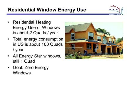 Residential Window Energy Use Residential Heating Energy Use of Windows is about 2 Quads / year Total energy consumption in US is about 100 Quads / year.