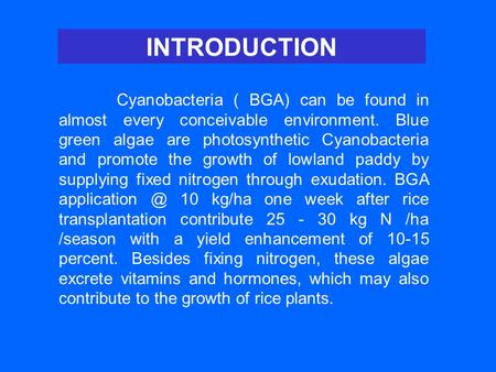INTRODUCTION Cyanobacteria ( BGA) can be found in almost every conceivable environment. Blue green algae are photosynthetic Cyanobacteria and promote the.