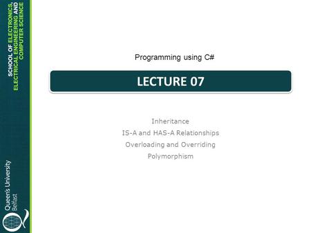 LECTURE 07 Programming using C# Inheritance