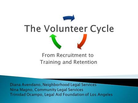 From Recruitment to Training and Retention Diana Avendano, Neighborhood Legal Services Nina Magno, Community Legal Services Trinidad Ocampo, Legal Aid.