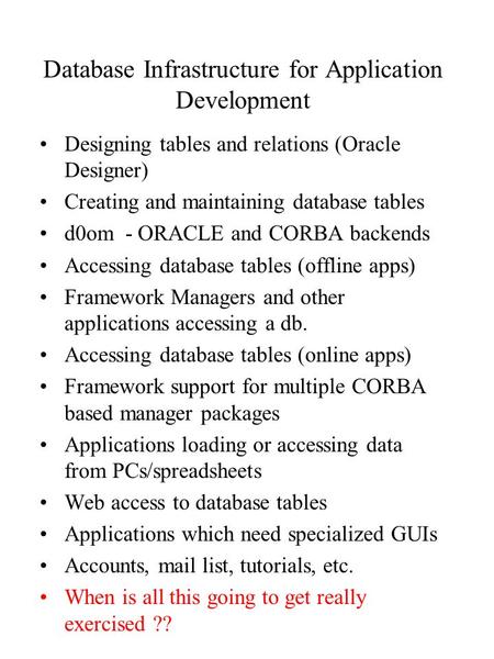 Database Infrastructure for Application Development Designing tables and relations (Oracle Designer) Creating and maintaining database tables d0om - ORACLE.