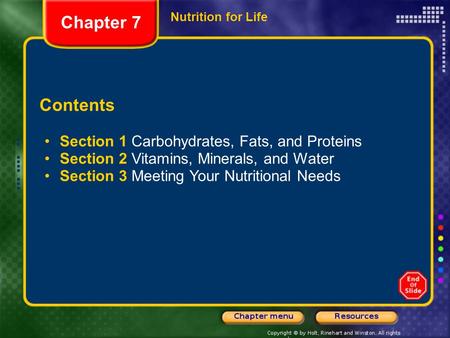 Chapter 7 Contents Section 1 Carbohydrates, Fats, and Proteins