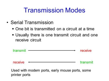 Transmission Modes Serial Transmission  One bit is transmitted on a circuit at a time  Usually there is one transmit circuit and one receive circuit.
