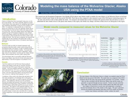Modeling the mass balance of the Wolverine Glacier, Alaska USA using the PTAA model David L Korn, NSIDC, University of Colorado, Boulder,