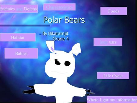 Polar Bears n B y Bikaramjit Grade 4 Inuit uses Where I got my information Life Cycle Characteristics Enemies and Defense Habitat Babies Foods.