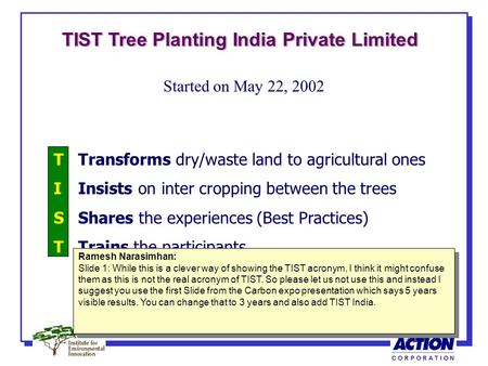T Transforms dry/waste land to agricultural ones I Insists on inter cropping between the trees S Shares the experiences (Best Practices) T Trains the participants.