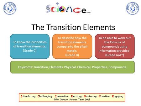 The Transition Elements To know the properties of transition elements. (Grade C) To describe how the transition elements compare to the alkali metals.