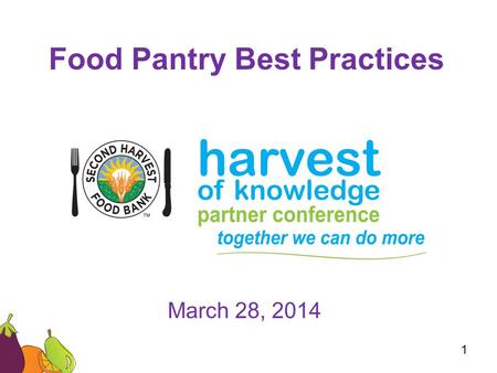 Food Pantry Best Practices March 28, 2014 1. –Back to Basics Online Ordering Scheduled Appointments Produce/SHFB Products –Monthly Reports –Clients and.