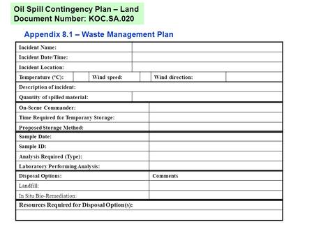 Appendix 8.1 – Waste Management Plan Oil Spill Contingency Plan – Land Document Number: KOC.SA.020 Incident Name: Incident Date/Time: Incident Location: