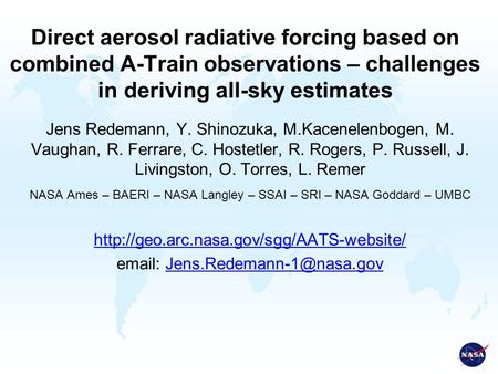 Direct aerosol radiative forcing based on combined A-Train observations – challenges in deriving all-sky estimates Jens Redemann, Y. Shinozuka, M.Kacenelenbogen,