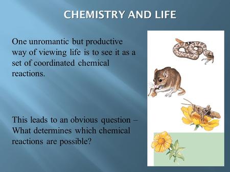 CHEMISTRY AND LIFE One unromantic but productive way of viewing life is to see it as a set of coordinated chemical reactions. This leads to an obvious.