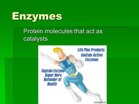 Enzymes Protein molecules that act as catalysts. Catalysts  Speed up the rate of reactions  Are not permanently changed or used up  Reactants: what.