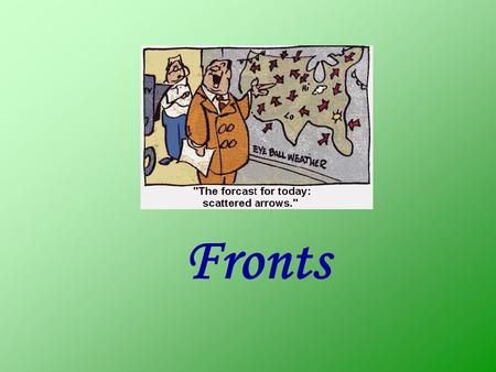 Fronts. Definition (Glossary of Meteorology) Front: …generally the interface or transition zone between two air masses of different density Air Mass: