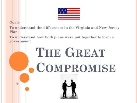 T HE G REAT C OMPROMISE Goals: To understand the differences in the Virginia and New Jersey Plan To understand how both plans were put together to form.