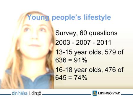 Young people’s lifestyle Survey, 60 questions 2003 - 2007 - 2011 13-15 year olds, 579 of 636 = 91% 16-18 year olds, 476 of 645 = 74%