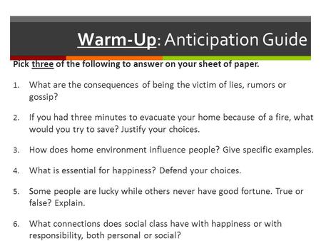 Warm-Up: Anticipation Guide