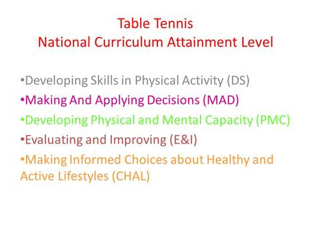 Table Tennis National Curriculum Attainment Level Developing Skills in Physical Activity (DS) Making And Applying Decisions (MAD) Developing Physical and.