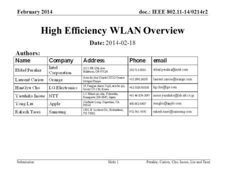 Doc.: IEEE 802.11-14/0214r2 Submission February 2014 Perahia, Cariou, Cho, Inoue, Liu and TaoriSlide 1 High Efficiency WLAN Overview Date: 2014-02-18 Authors: