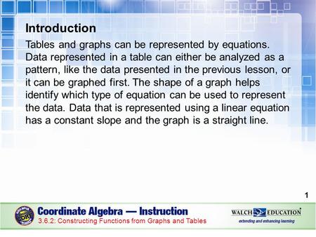 Introduction Tables and graphs can be represented by equations. Data represented in a table can either be analyzed as a pattern, like the data presented.