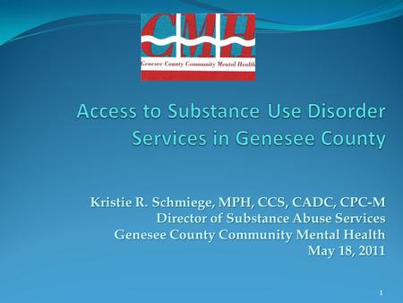 Kristie R. Schmiege, MPH, CCS, CADC, CPC-M Director of Substance Abuse Services Genesee County Community Mental Health May 18, 2011 1.