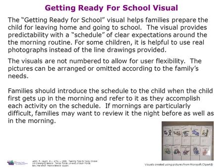 Getting Ready For School Visual The “Getting Ready for School” visual helps families prepare the child for leaving home and going to school. The visual.
