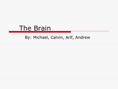 The Brain By: Michael, Calvin, Arif, Andrew. Brain Functions  Allows us to think, move, feel, see, hear, taste, and smell  Controls our body  Receives,