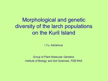 Morphological and genetic diversity of the larch populations on the Kuril Island I.Yu. Adrianova Group of Plant Molecular Genetics Institute of Biology.