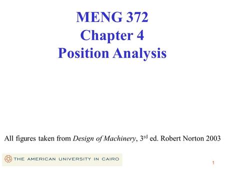 1 All figures taken from Design of Machinery, 3 rd ed. Robert Norton 2003 MENG 372 Chapter 4 Position Analysis.
