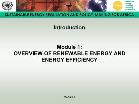 SUSTAINABLE ENERGY REGULATION AND POLICY-MAKING FOR AFRICA Module 1 Introduction Module 1: OVERVIEW OF RENEWABLE ENERGY AND ENERGY EFFICIENCY.