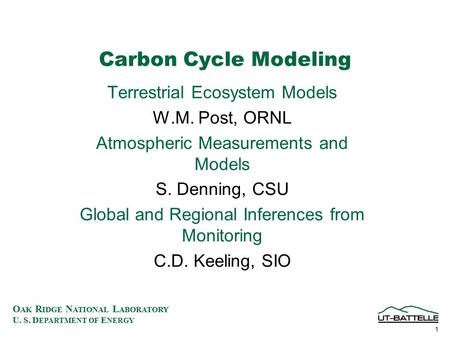 O AK R IDGE N ATIONAL L ABORATORY U. S. D EPARTMENT OF E NERGY 1 Carbon Cycle Modeling Terrestrial Ecosystem Models W.M. Post, ORNL Atmospheric Measurements.