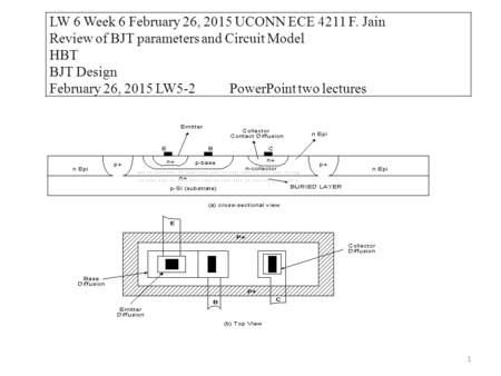 1 LW 6 Week 6 February 26, 2015 UCONN ECE 4211 F. Jain Review of BJT parameters and Circuit Model HBT BJT Design February 26, 2015 LW5-2 PowerPoint two.