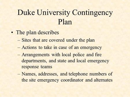 Duke University Contingency Plan
