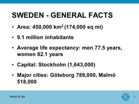 Www.si.se 1 SWEDEN - GENERAL FACTS Area: 450,000 km 2 (174,000 sq mi) 9.1 million inhabitants Average life expectancy: men 77.5 years, women 82.1 years.
