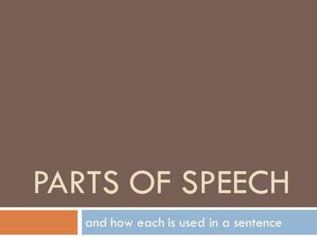 PARTS OF SPEECH and how each is used in a sentence.
