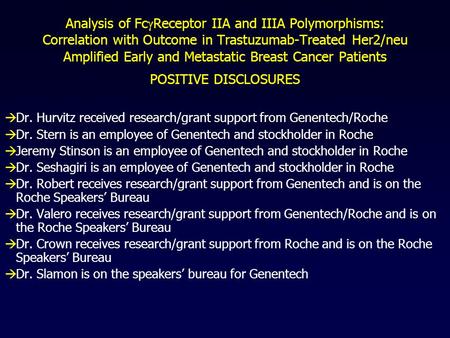 Analysis of FcReceptor IIA and IIIA Polymorphisms: Correlation with Outcome in Trastuzumab-Treated Her2/neu Amplified Early and Metastatic Breast Cancer.