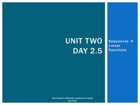 Sequences  Linear Functions OBJ: Connect arithmetic sequences to linear functions UNIT TWO DAY 2.5.