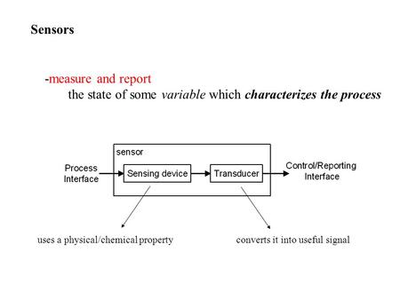 Sensors -measure and report the state of some variable which characterizes the process uses a physical/chemical propertyconverts it into useful signal.