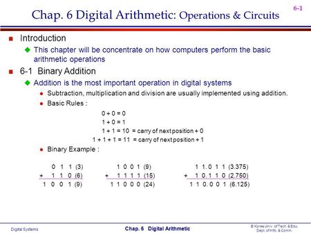 Digital Systems © Korea Univ. of Tech. & Edu. Dept. of Info. & Comm. Chap. 6 Digital Arithmetic 6-1 Chap. 6 Digital Arithmetic: Operations & Circuits n.