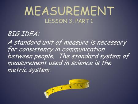 MEASUREMENT LESSON 3, PART 1 BIG IDEA: A standard unit of measure is necessary for consistency in communication between people. The standard system of.