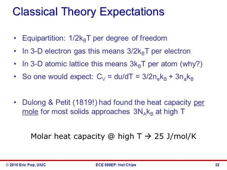 © 2010 Eric Pop, UIUCECE 598EP: Hot Chips Classical Theory Expectations Equipartition: 1/2k B T per degree of freedom In 3-D electron gas this means 3/2k.