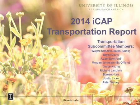 2014 iCAP Transportation Report Transportation Subcommittee Members: Wojtek Chodzko-Zajko (Chair) Bryce Davis Adam Dornford Morgan Johnston (Ex Officio)