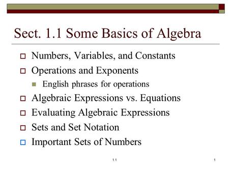 Sect. 1.1 Some Basics of Algebra  Numbers, Variables, and Constants  Operations and Exponents English phrases for operations  Algebraic Expressions.