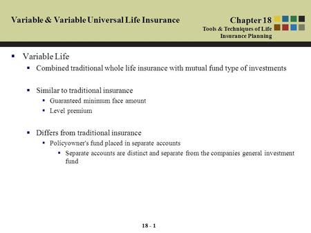 18 - 1 Variable & Variable Universal Life Insurance  Variable Life  Combined traditional whole life insurance with mutual fund type of investments 