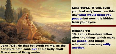 Luke 19:42. If you, even you, had only known on this day what would bring you peace--but now it is hidden from your eyes. Romans 14: 19. Let us therefore.
