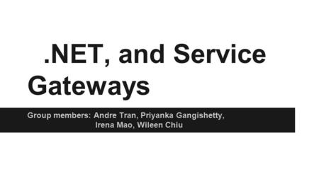 .NET, and Service Gateways Group members: Andre Tran, Priyanka Gangishetty, Irena Mao, Wileen Chiu.